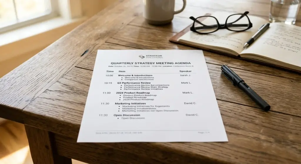 Tài Liệu Agenda Cuộc Họp Được In Rõ Ràng Đặt Trên Bàn Họp Gỗ Cùng Bút Và Sổ Tay